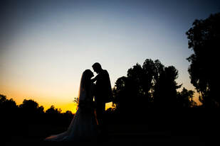 Picture silhouette of bride and groom at sunset